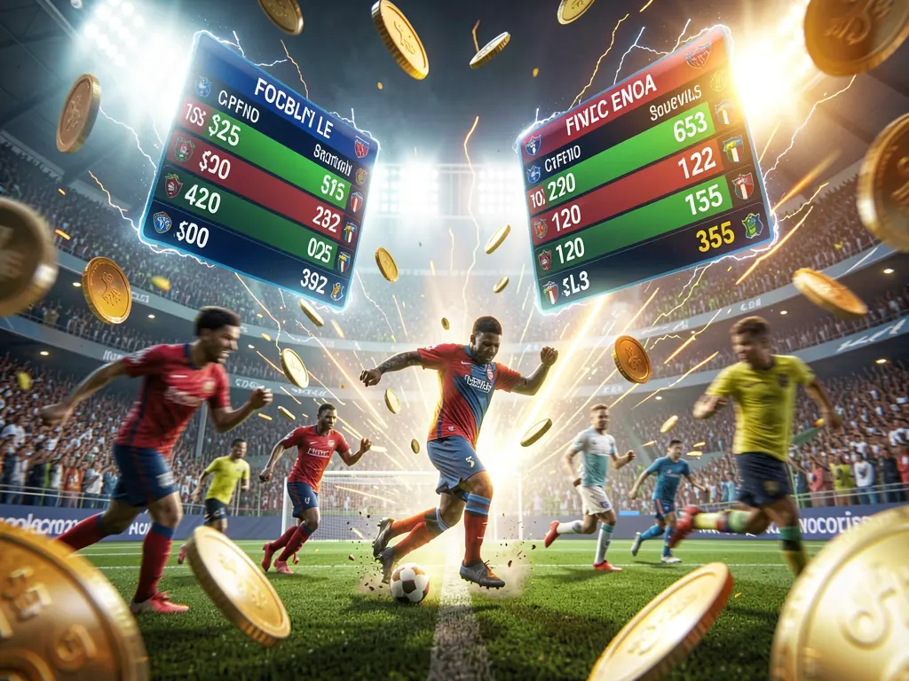 Konsep taruhan sepak bola langsung 688K yang menampilkan stadion sepak bola dengan lampu terang, pemain yang bergerak dengan efek buram, panel peluang mengambang, koin, dan efek energi dinamis dalam render sinematik premium