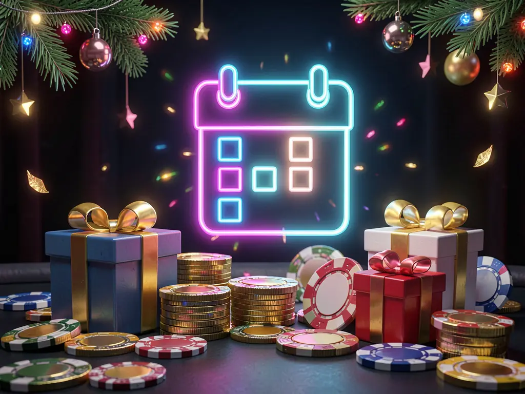 Konsep bonus kasino mingguan bergaya 3D premium yang menampilkan ikon kalender, kotak hadiah, koin, dan chip dengan cahaya neon di latar belakang gelap yang meriah oleh 688K
