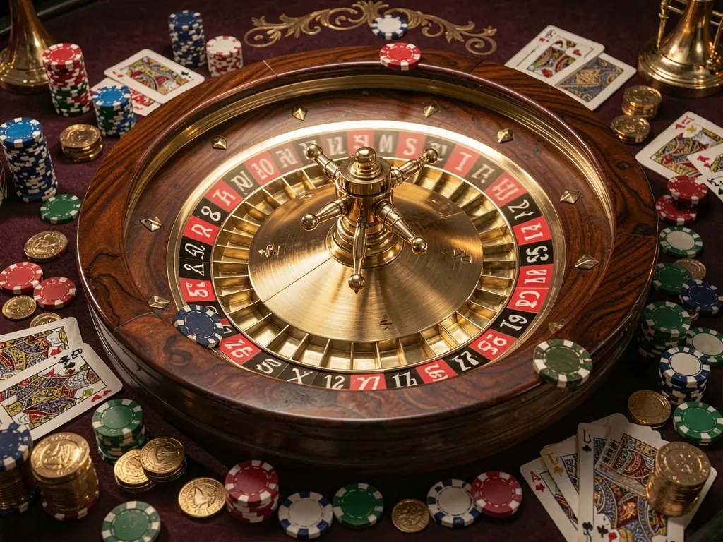Adegan kasino klasik 688K yang menampilkan roda roulette berputar, chip yang tersebar, kartu remi, dan koin di atas meja gelap yang elegan dengan pencahayaan sinematik