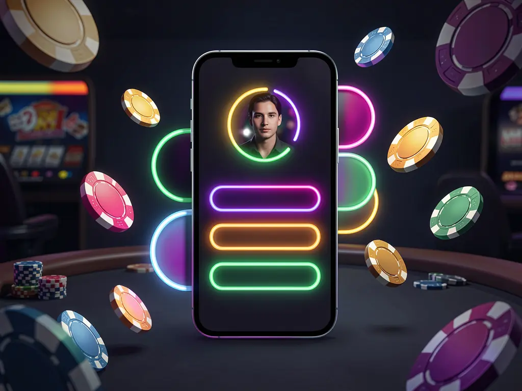 Layar masuk kasino seluler 688K pada ponsel dengan bentuk UI abstrak untuk kolom profil pengguna dan kata sandi, cahaya neon, chip dan koin yang melayang dalam suasana kasino premium yang gelap