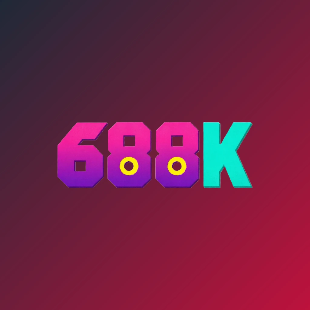 Logo 688K bergaya arkade yang berani dengan tipografi retro tebal dalam warna merah muda cerah, pirus, kuning, dan ungu, menciptakan suasana permainan yang semarak di latar belakang transparan